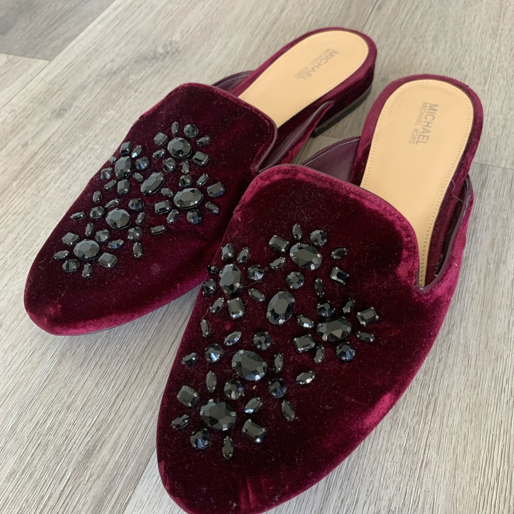 Michael Kors Magenta Velvet Jeweled Slides
